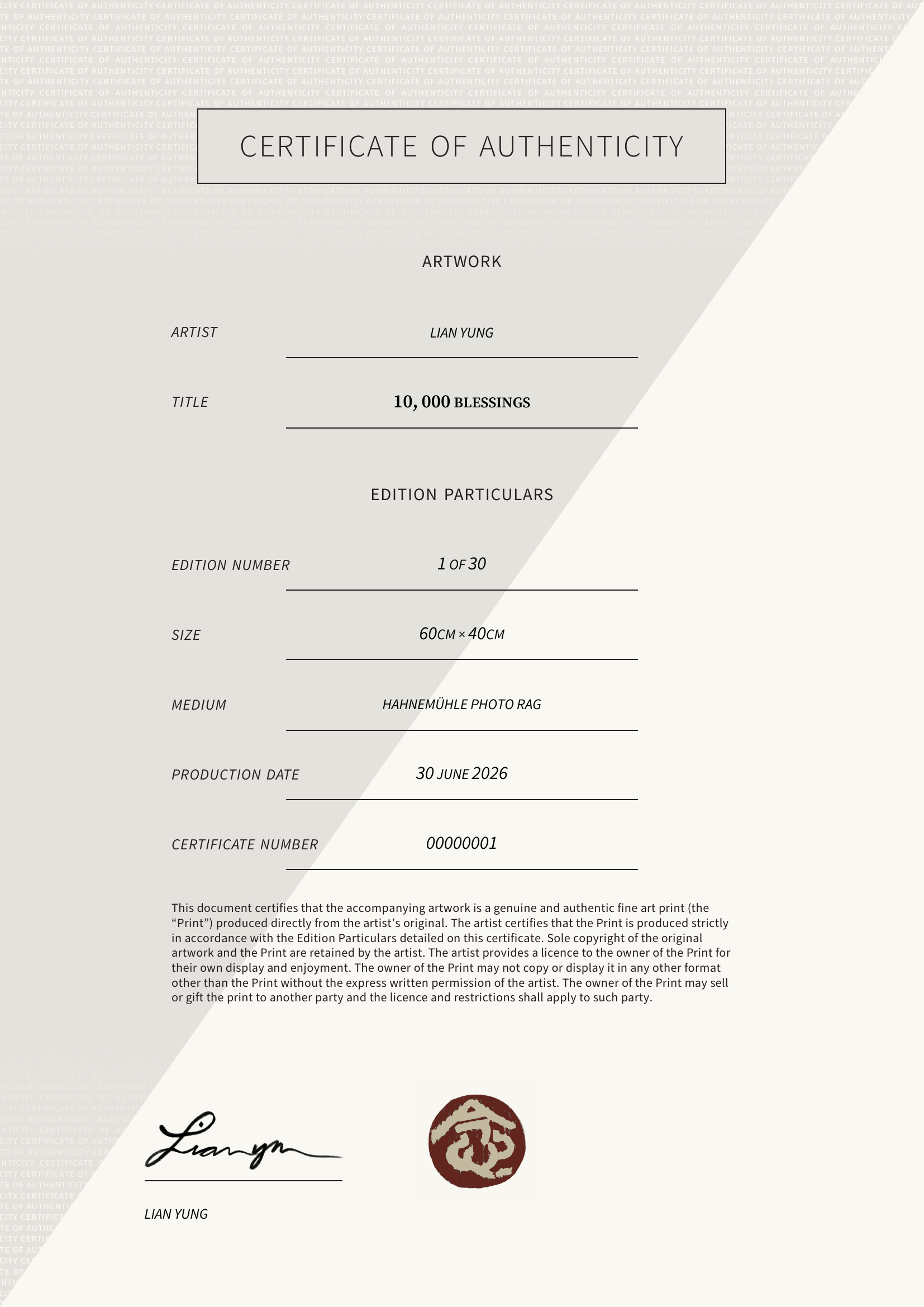 10, 000 Blessings — Certificate of Authenticity